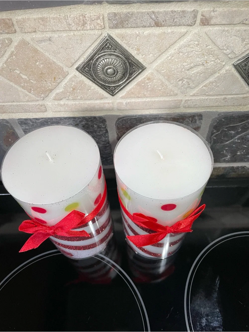 Festive Red Glitter Stripe Pillar Candles with Polka Dots and Bows 3” x 6” set 2